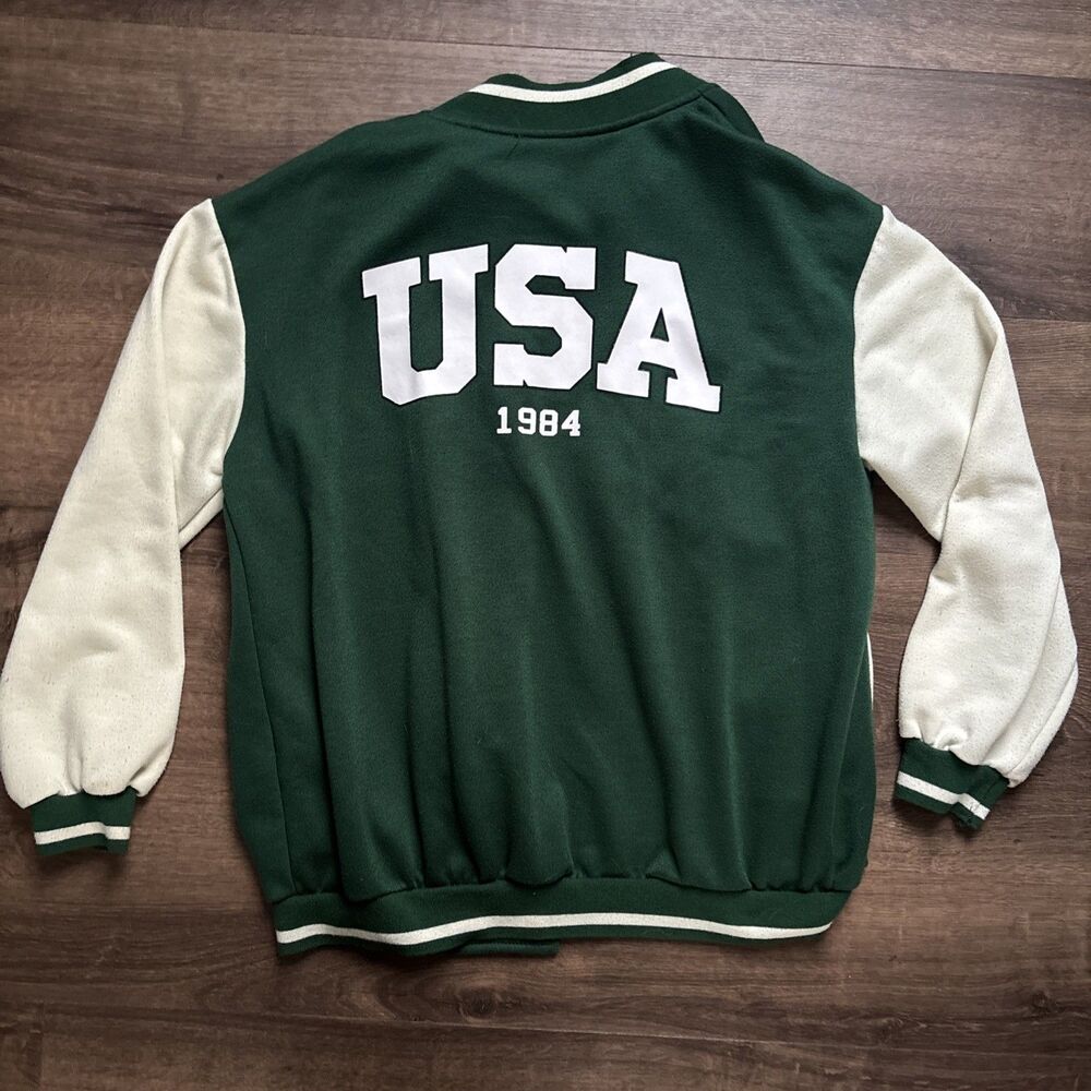 Women’s Shein Green/White Snap-Front Varsity Jacket Logo Back Pockets Size S